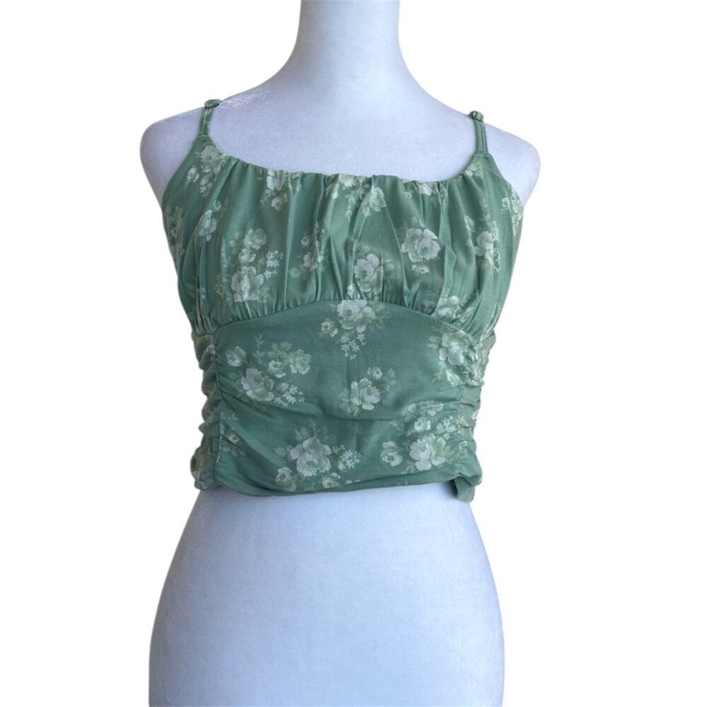 Hollister Sage Green Floral Ruched Cami Crop Top Sz L Y2K